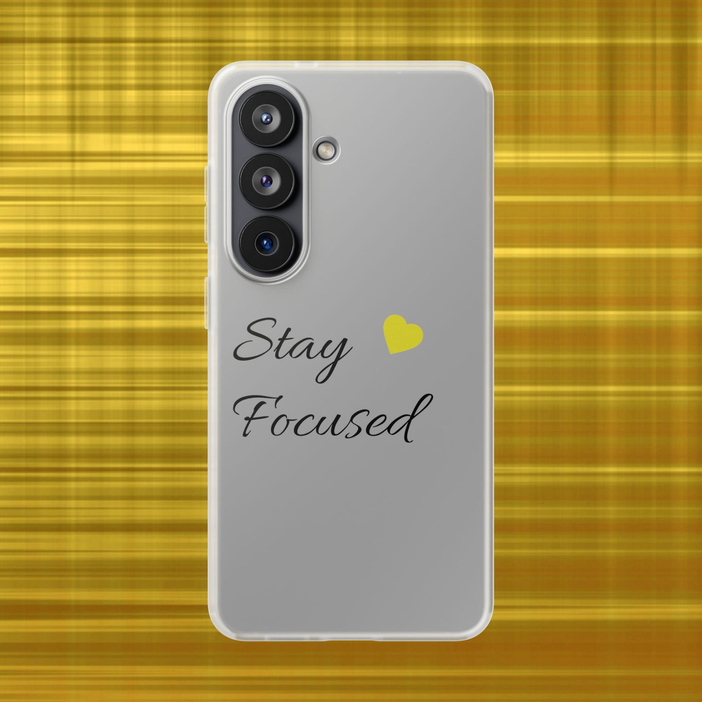 Stay Focused Clear Phone Case — Minimalist Motivational iPhone Flexi Case with Yellow Heart