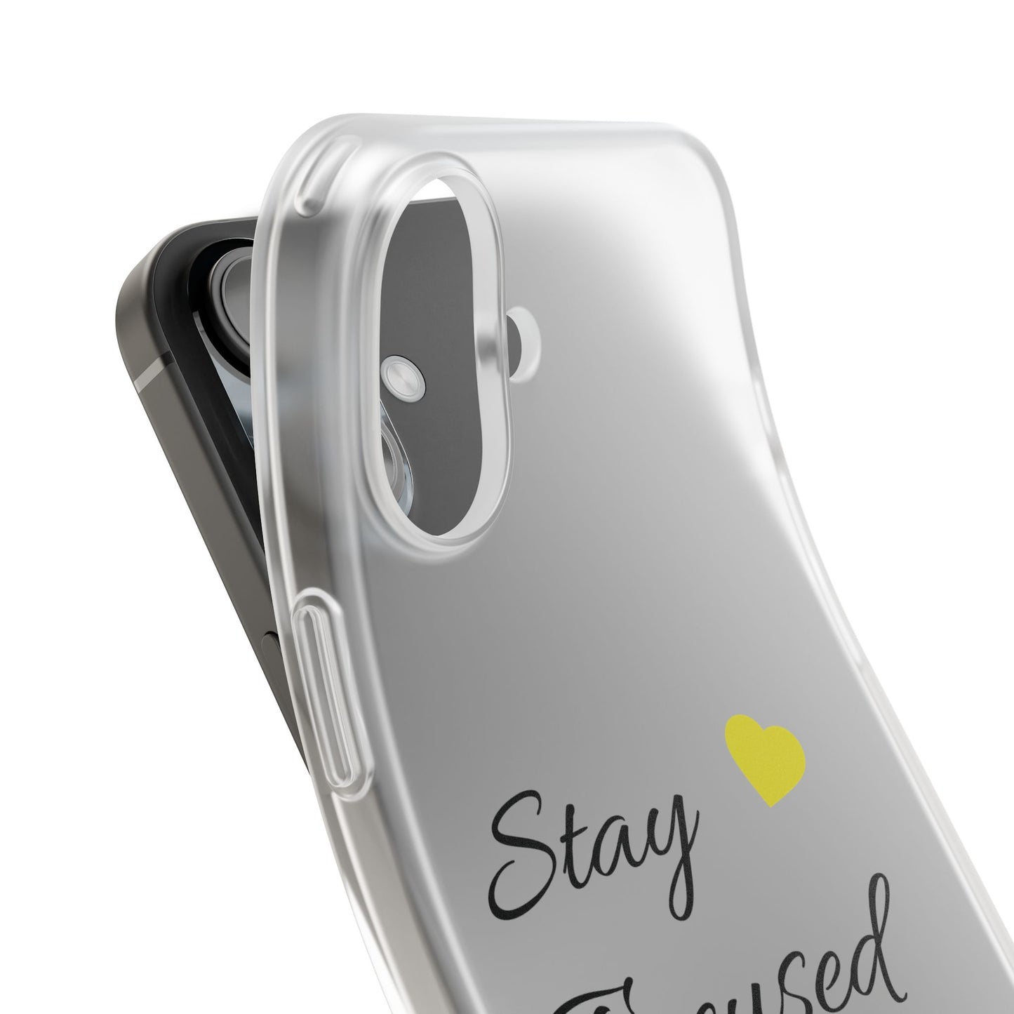 Stay Focused Clear Phone Case — Minimalist Motivational iPhone Flexi Case with Yellow Heart