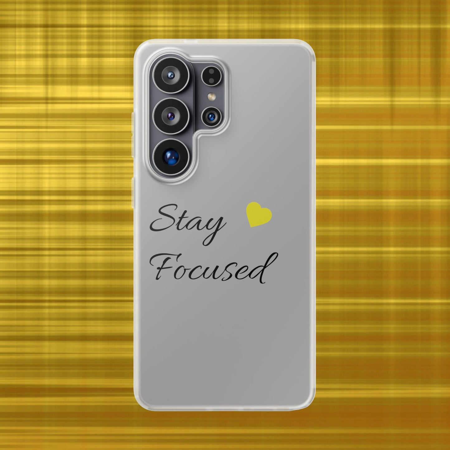 Stay Focused Clear Phone Case — Minimalist Motivational iPhone Flexi Case with Yellow Heart