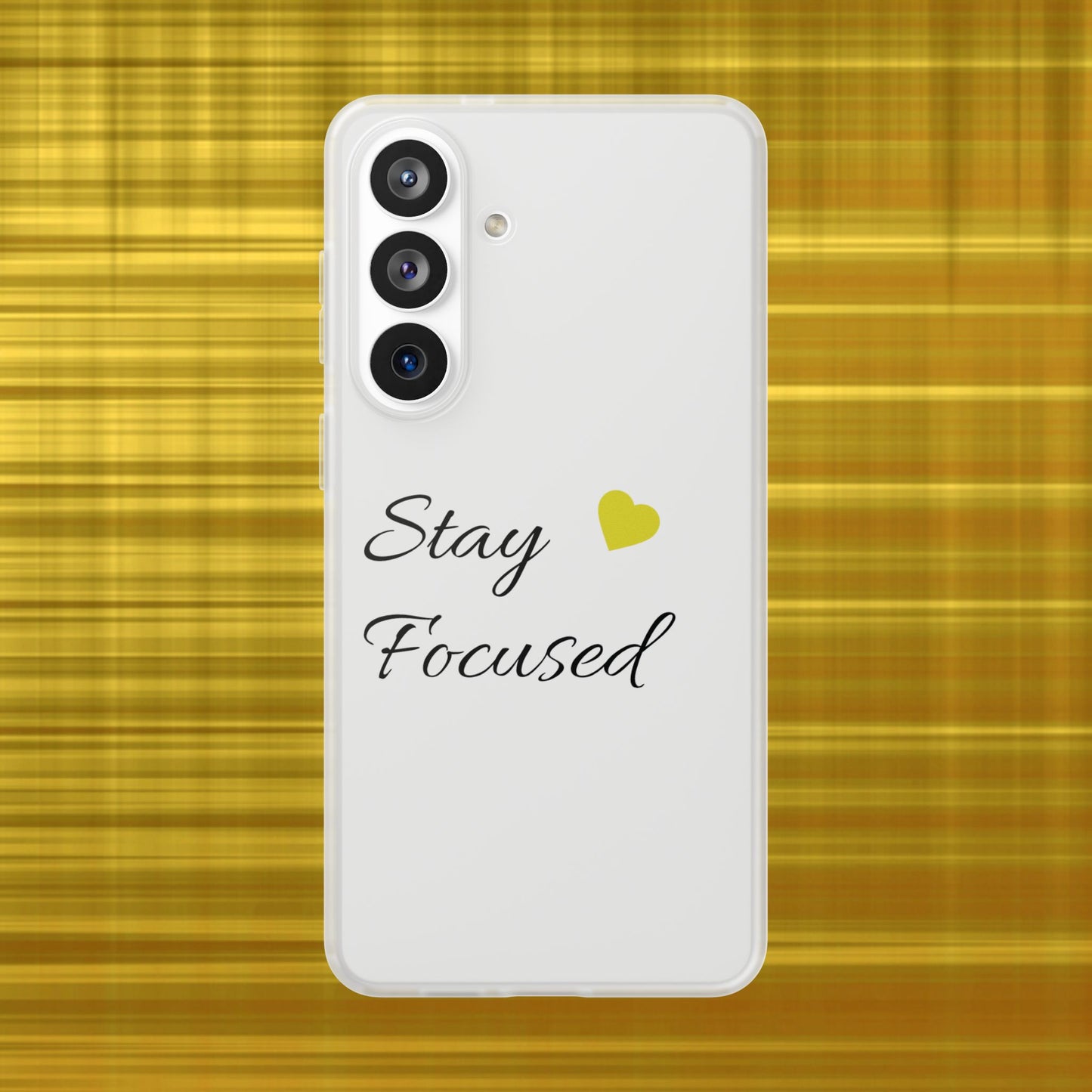 Stay Focused Clear Phone Case — Minimalist Motivational iPhone Flexi Case with Yellow Heart