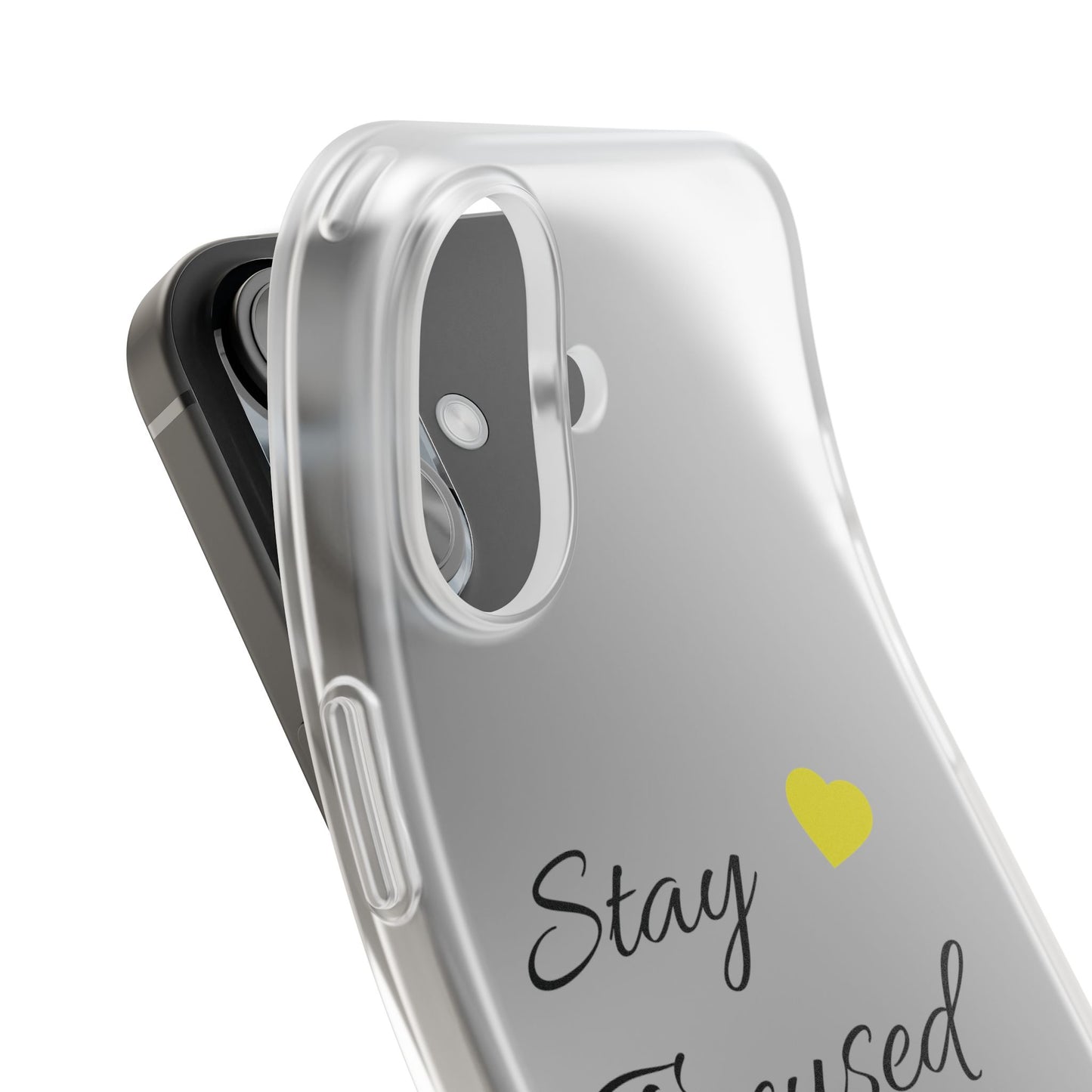 Stay Focused Clear Phone Case — Minimalist Motivational iPhone Flexi Case with Yellow Heart